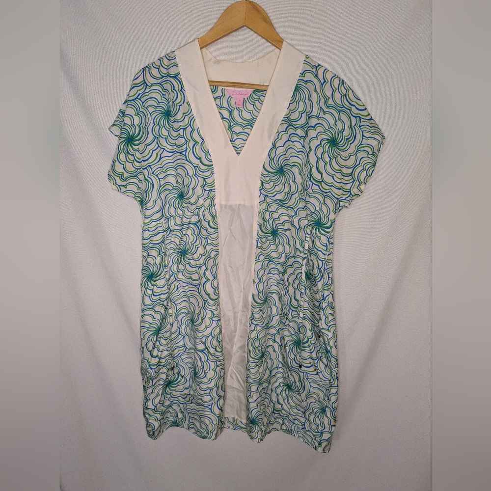 LILLY PULITZER Dress Size‎ M 100% Silk Blue Green Floral V Neck